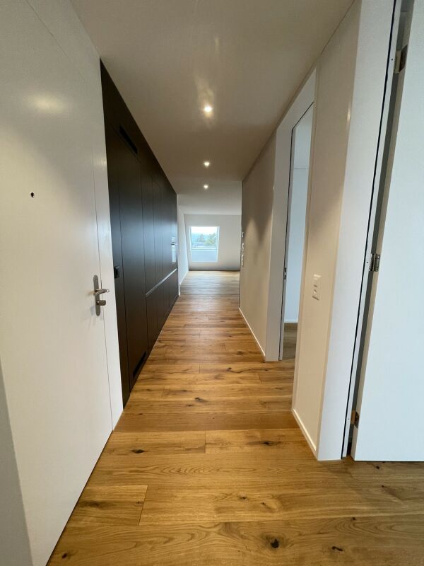 Langer Flur mit Holzoptik und Einbauschrank