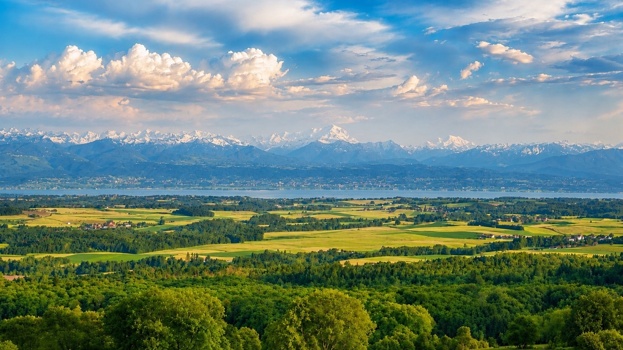 Alpenpanorama über Seen- und Hügellandschaft