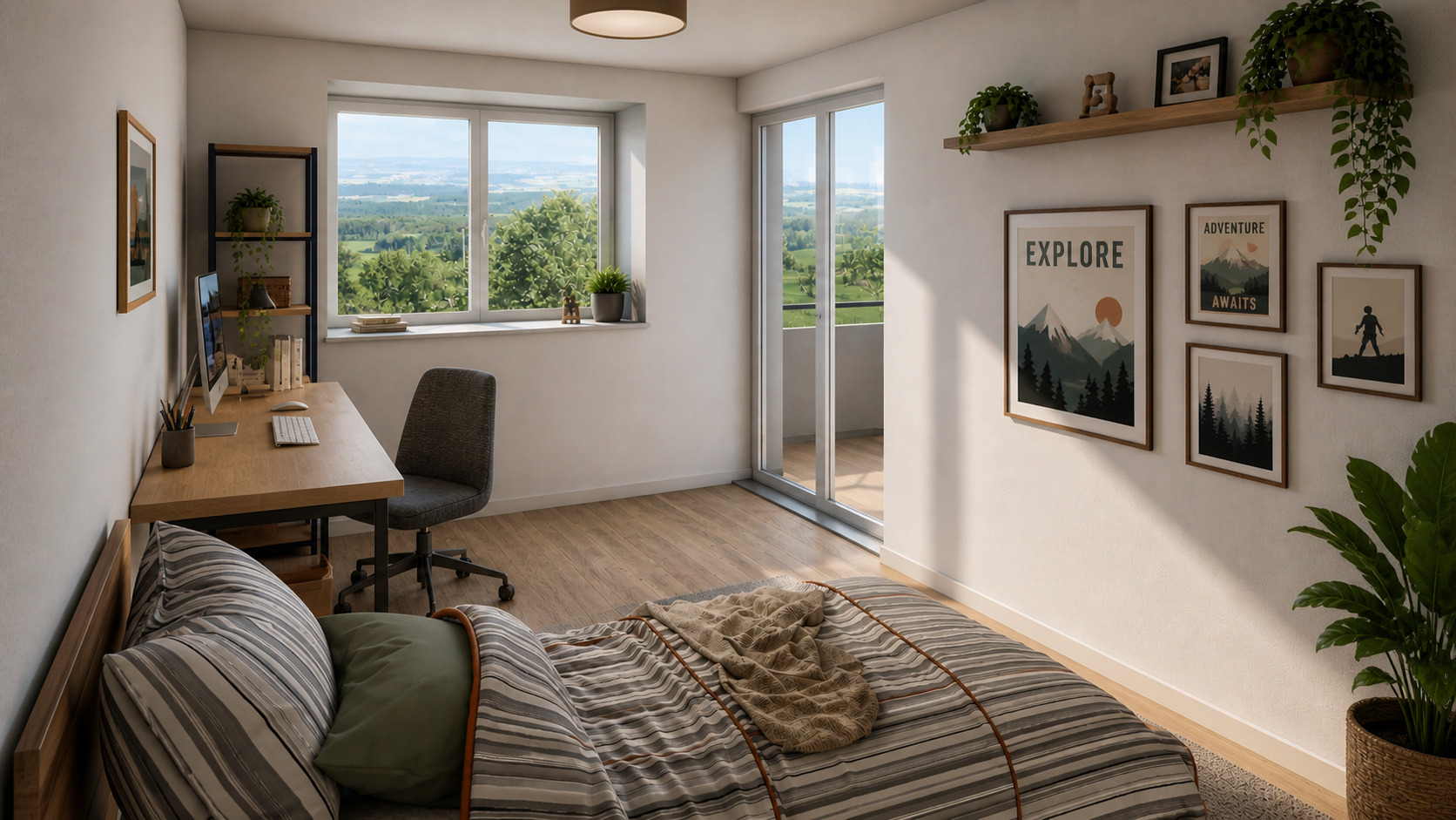 Helles Schlafzimmer mit Arbeitsbereich und Balkonblick