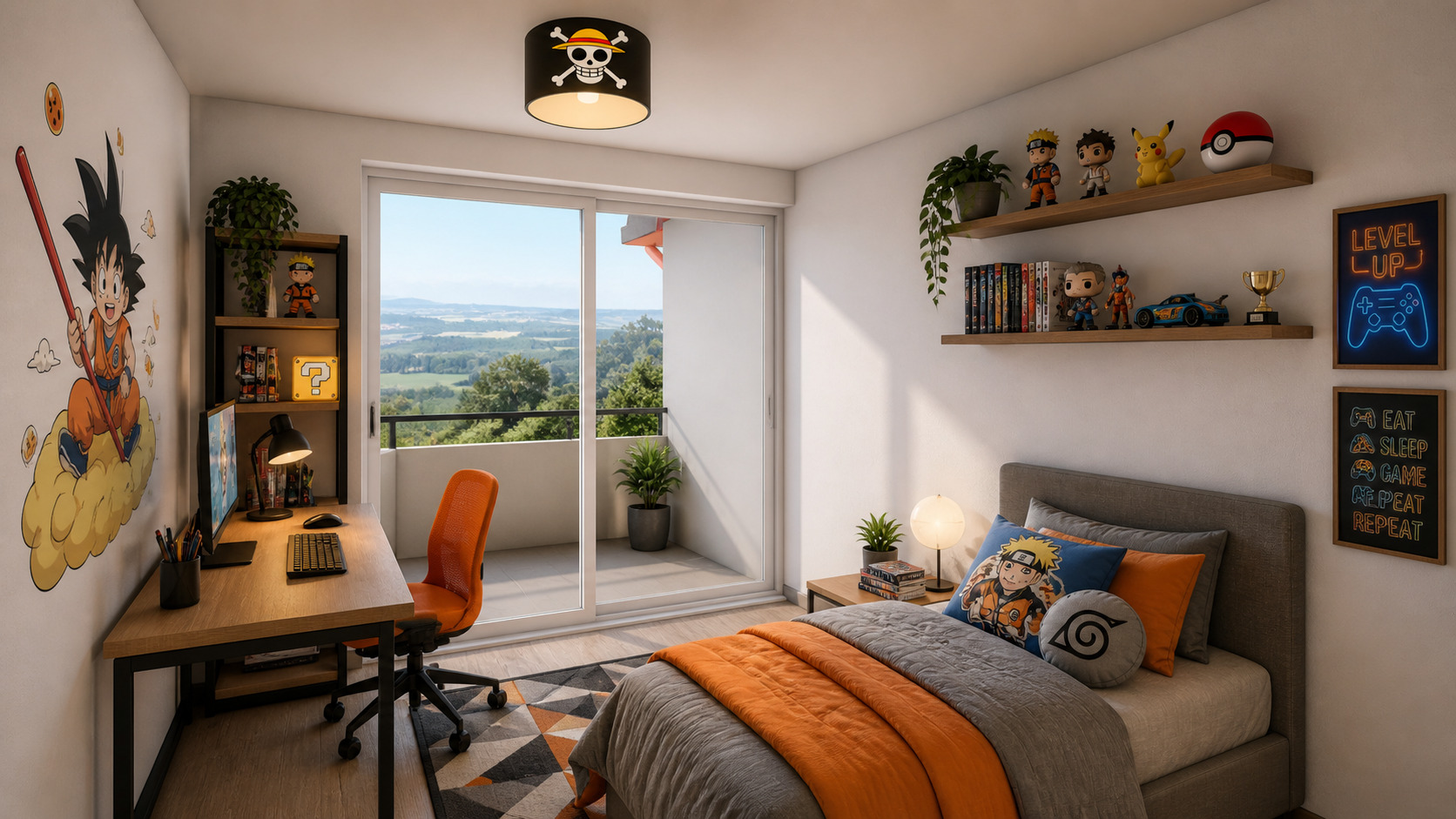 Jugendliches Schlafzimmer mit Gaming-Ecke und Balkonblick