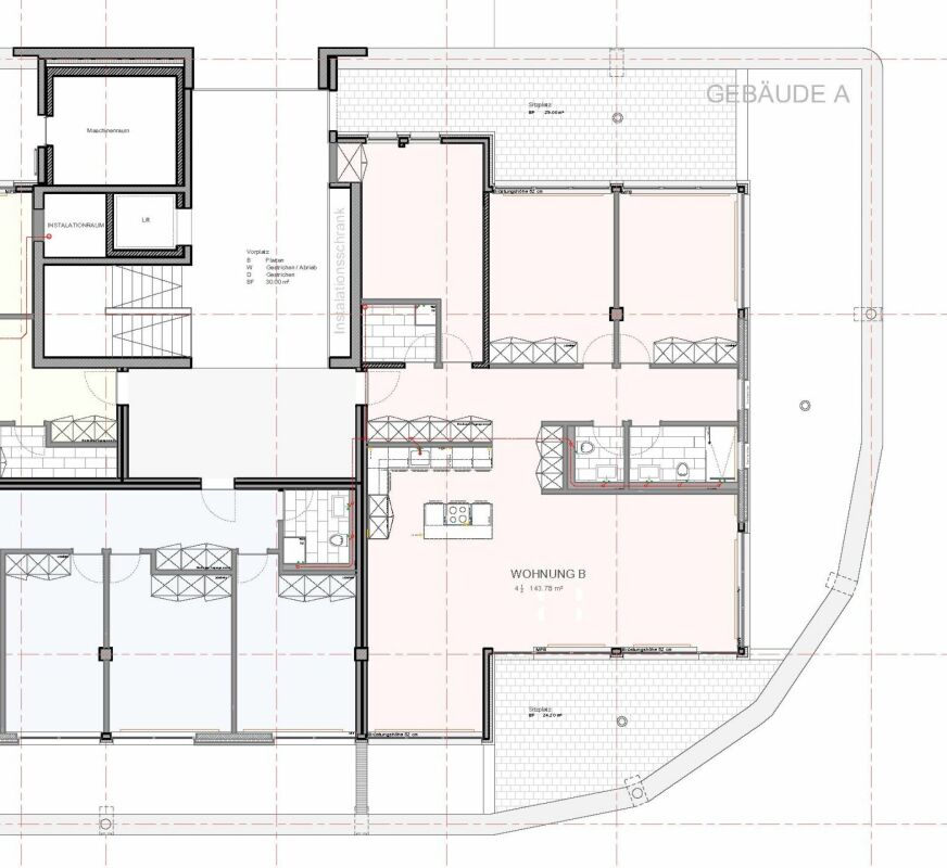 Grundriss einer Wohnung mit Gebäude- und Nebenflächen