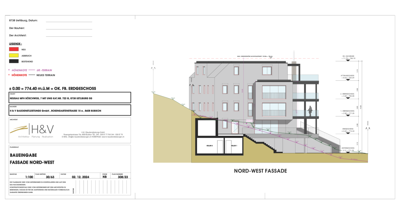 Nordwest-Ansicht eines Neubaus mit Schnittdarstellung