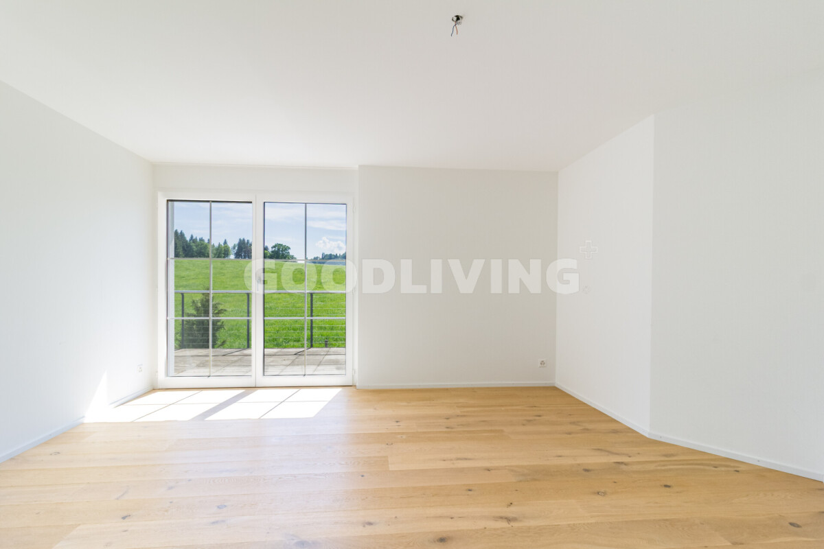 Heller leerer Wohnraum mit Balkon- bzw. Terrassentür und Blick ins Grüne