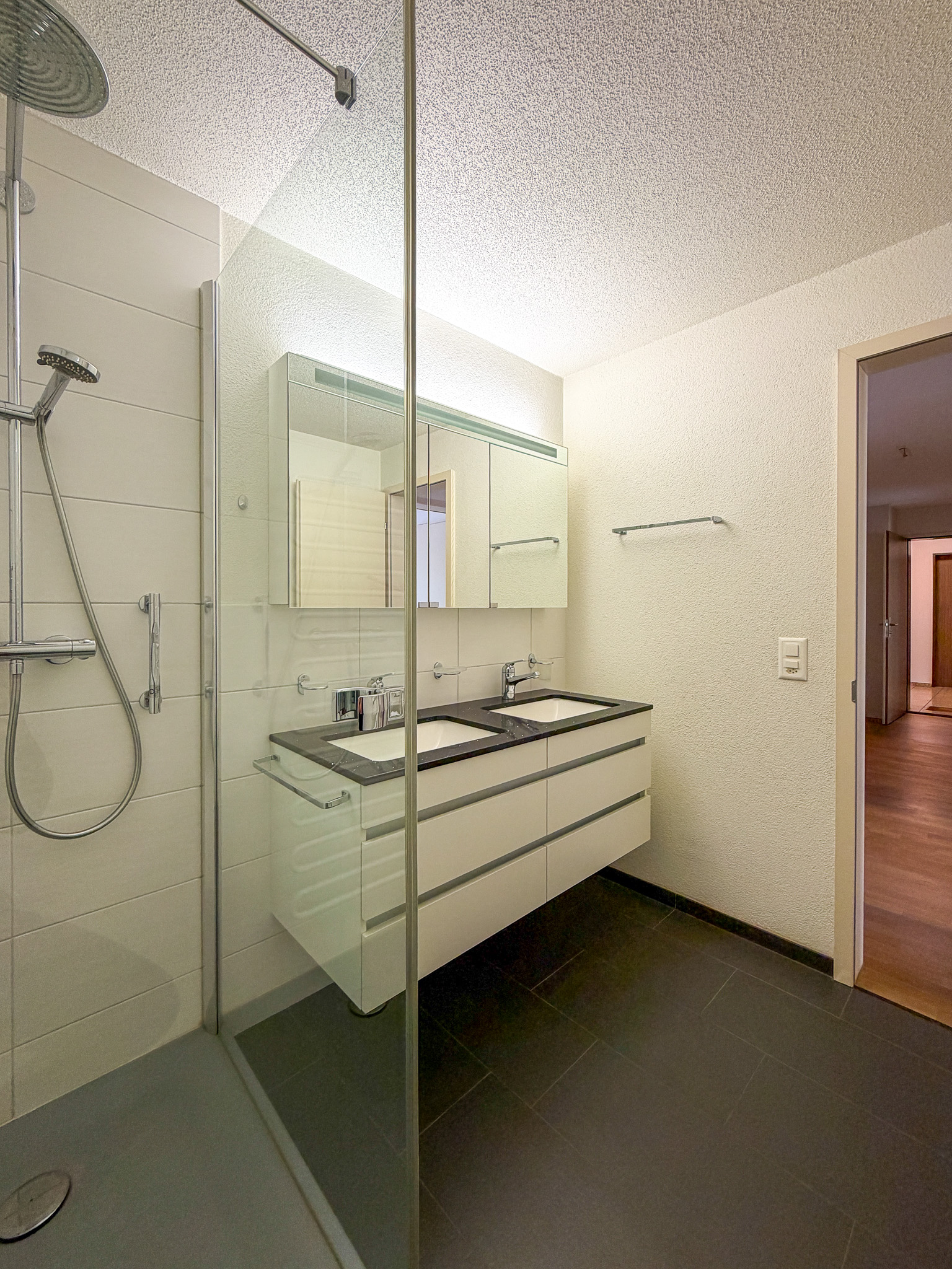 Modernes Badezimmer mit begehbarer Dusche und Doppelwaschtisch