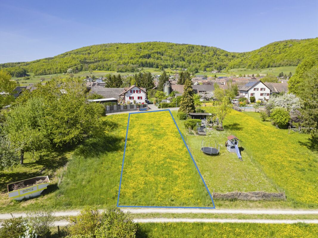 Grünes Grundstück mit Bergkulisse