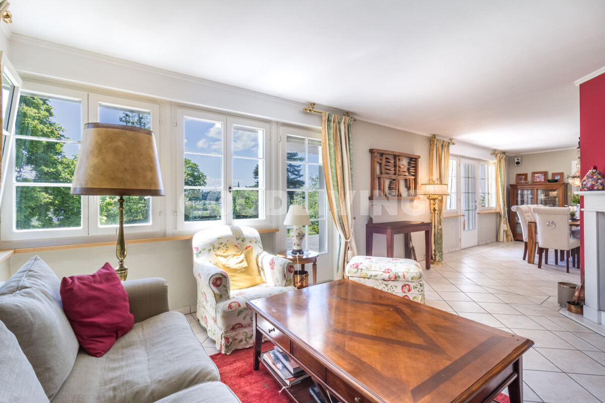 Helles Wohnzimmer mit Essbereich und Gartenblick