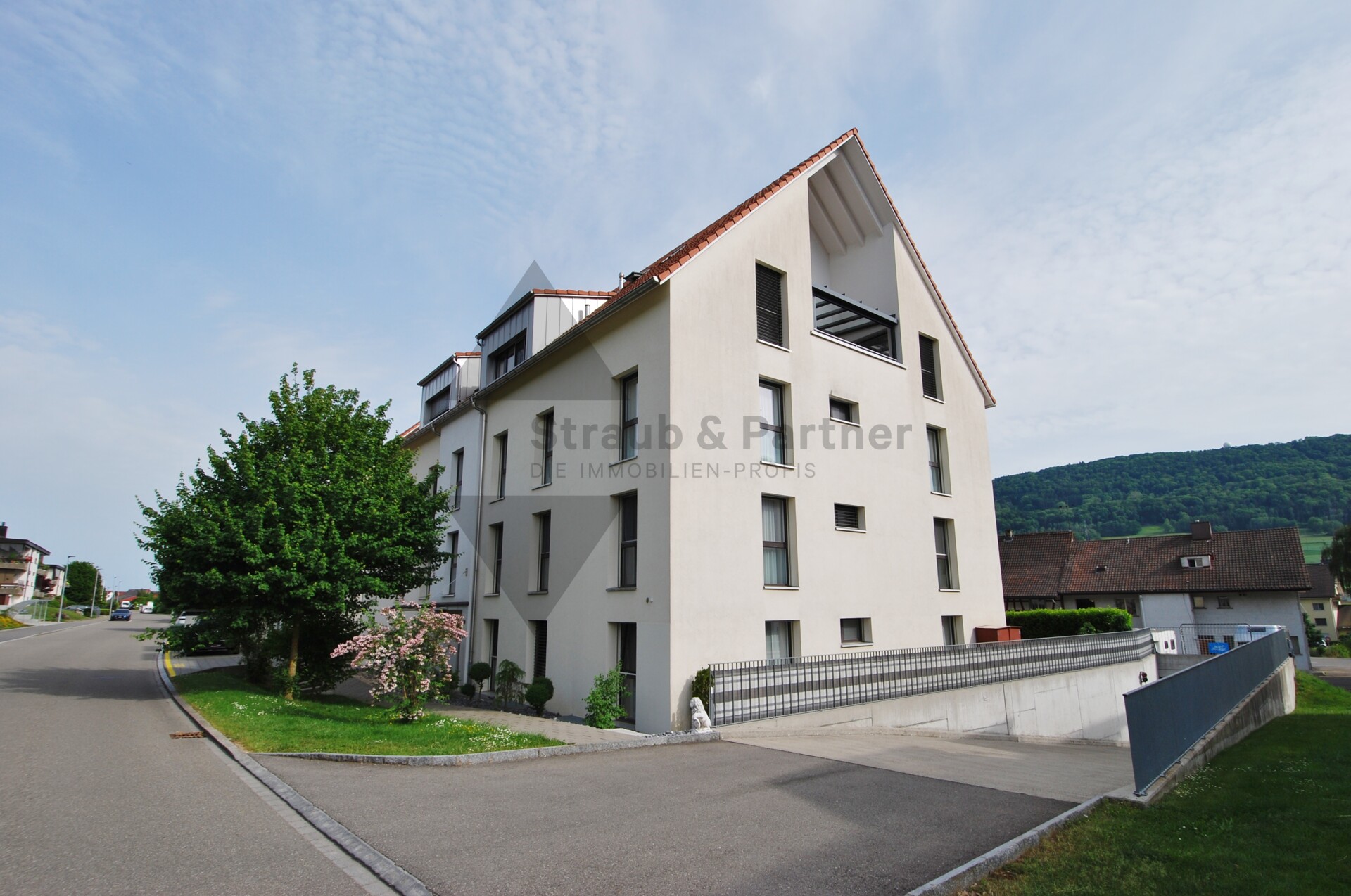 Wohnhaus mit Satteldach und Straßenansicht