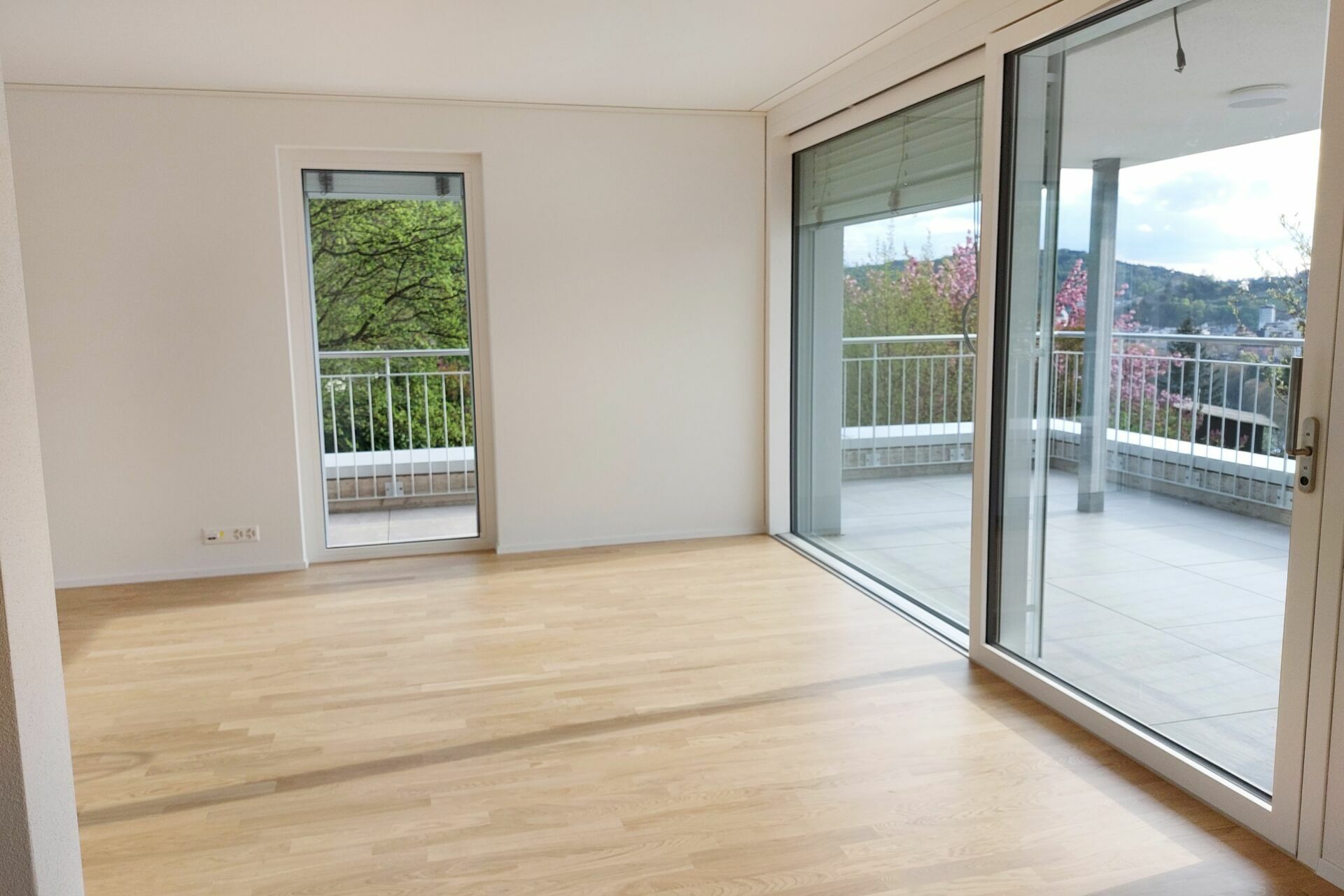 Heller, leerer Wohnraum mit Balkonzugang