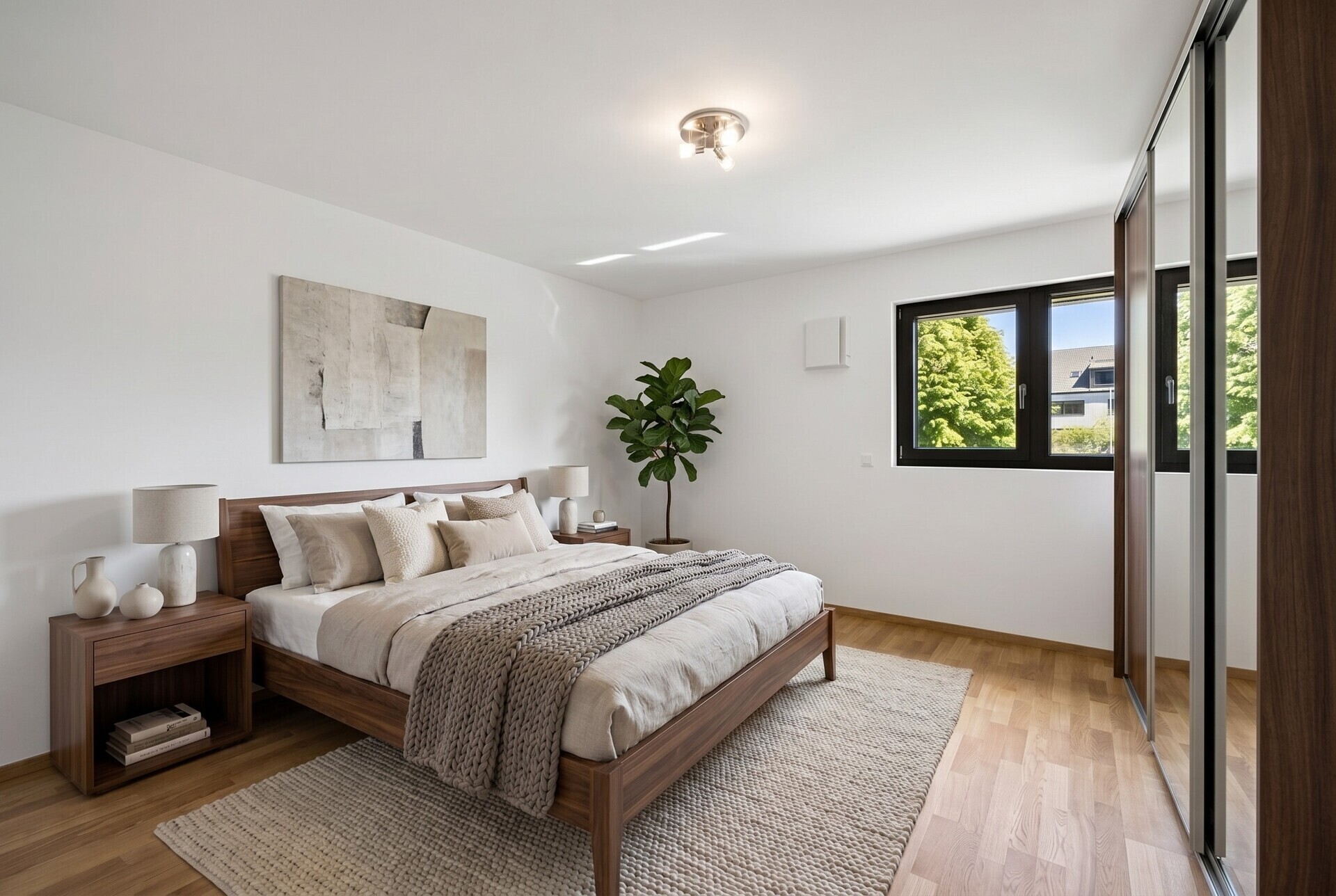 Helles, modernes Schlafzimmer mit Naturholz und Blick ins Grüne