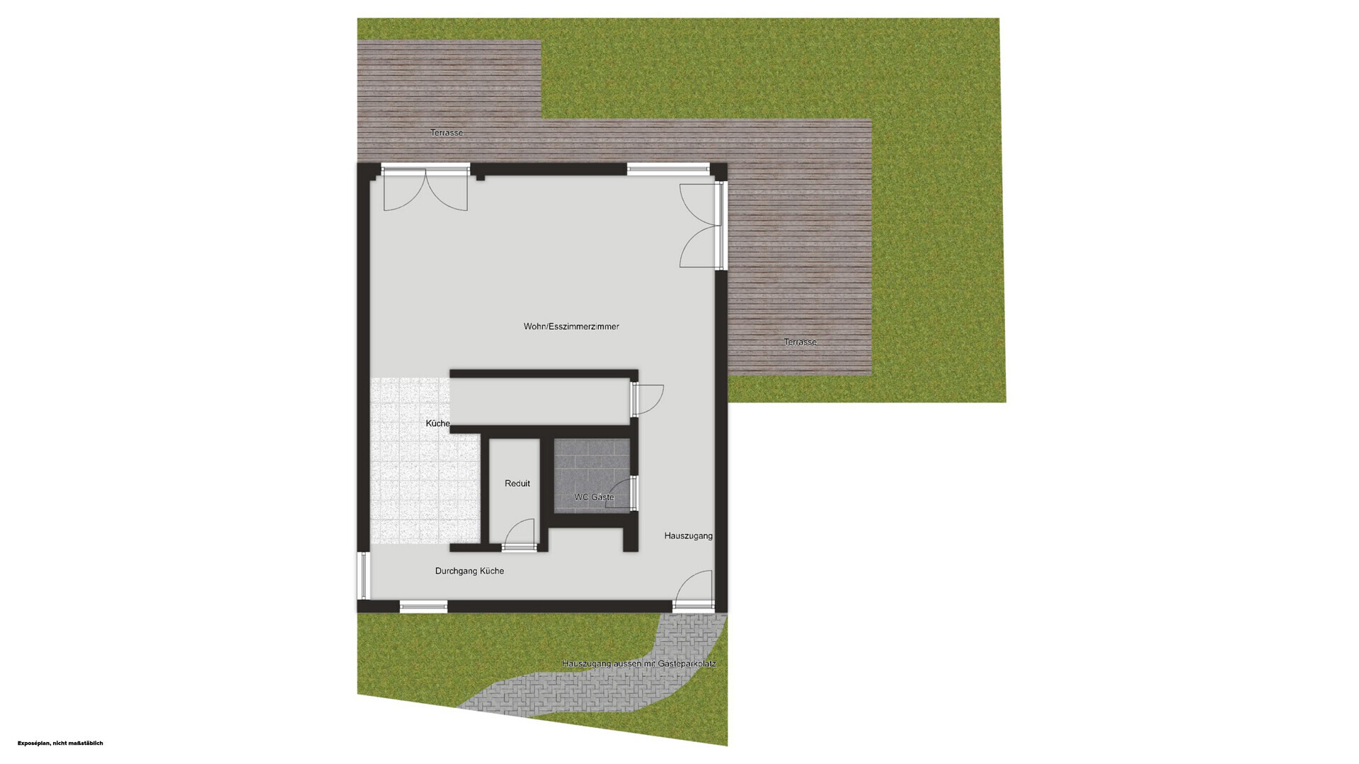 Grundriss eines Wohnbereichs mit Terrasse und Gäste-WC