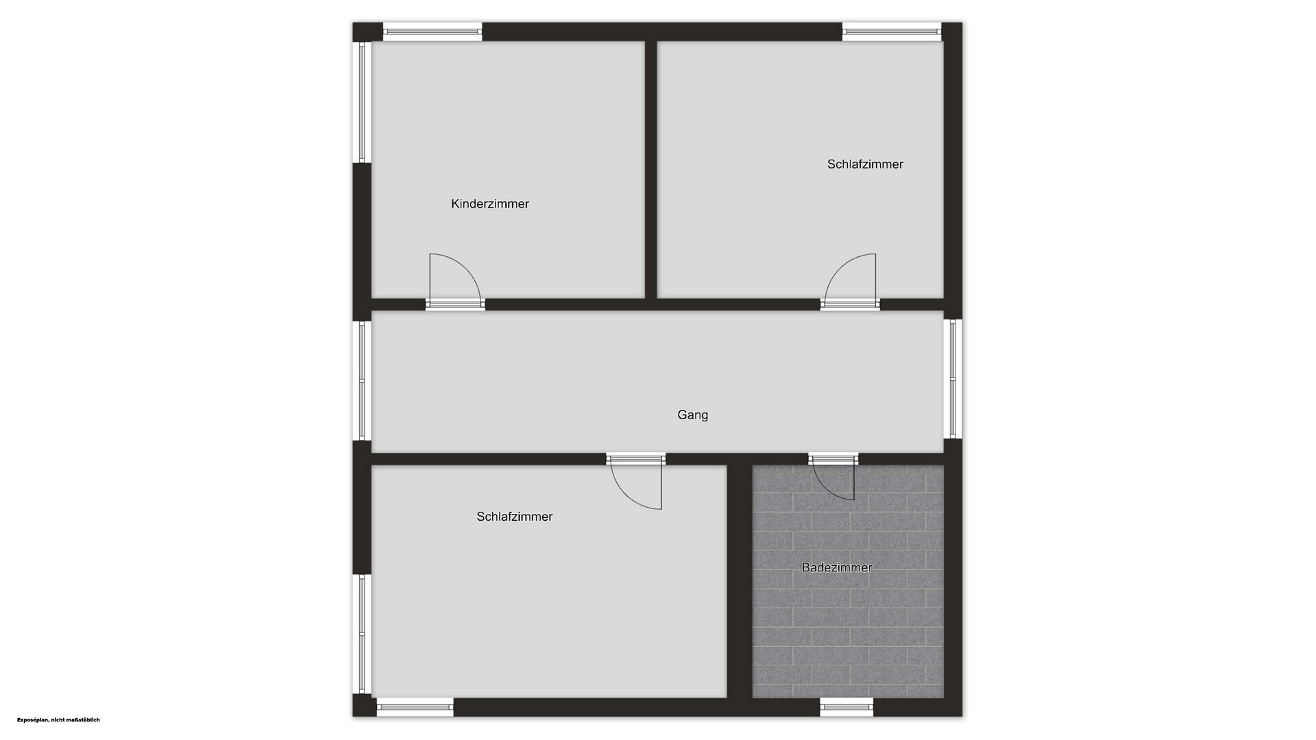 Grundriss eines Obergeschosses mit drei Schlafzimmern, Flur und Badezimmer