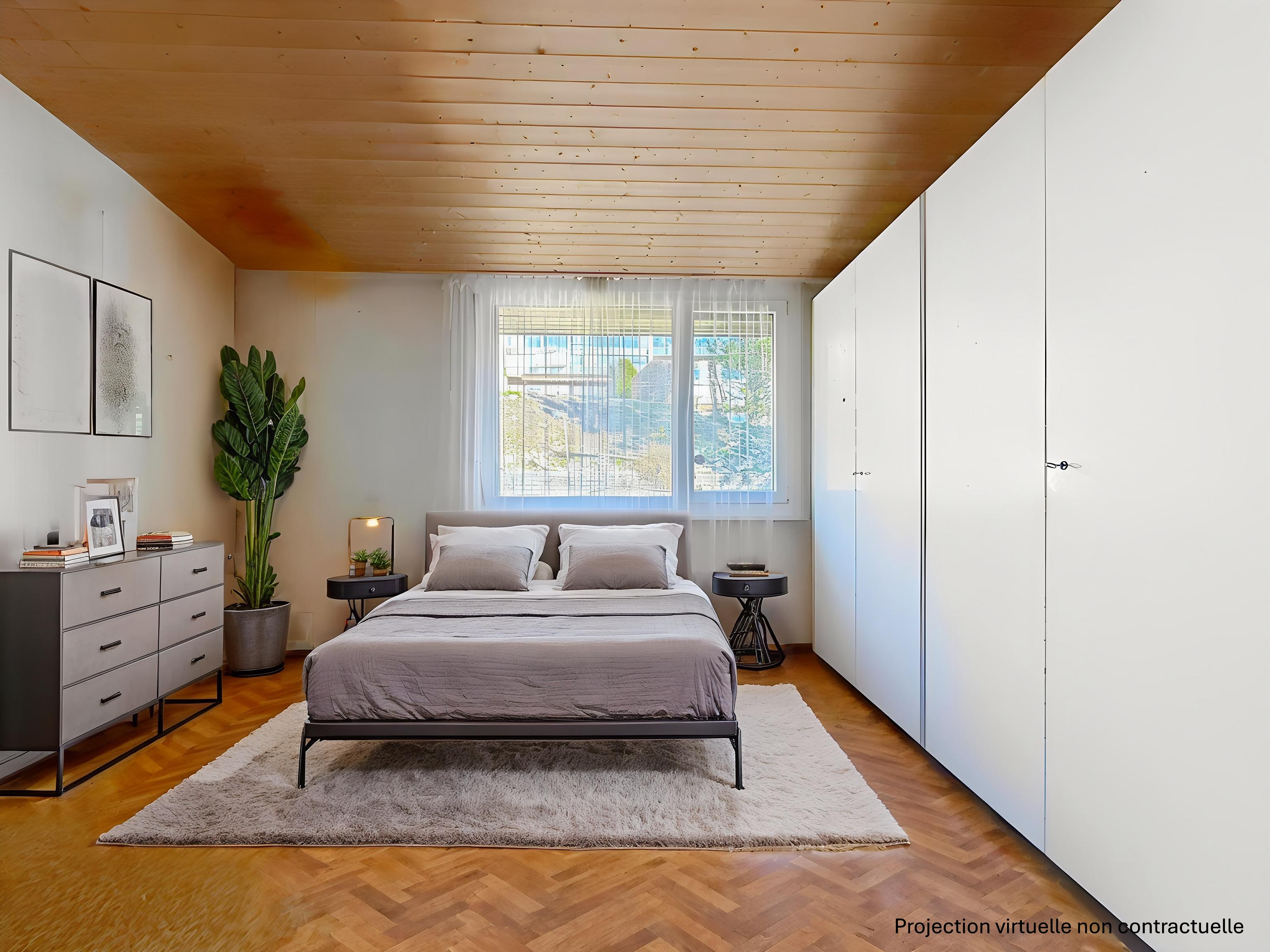 Helles, modernes Schlafzimmer mit Holzdecke