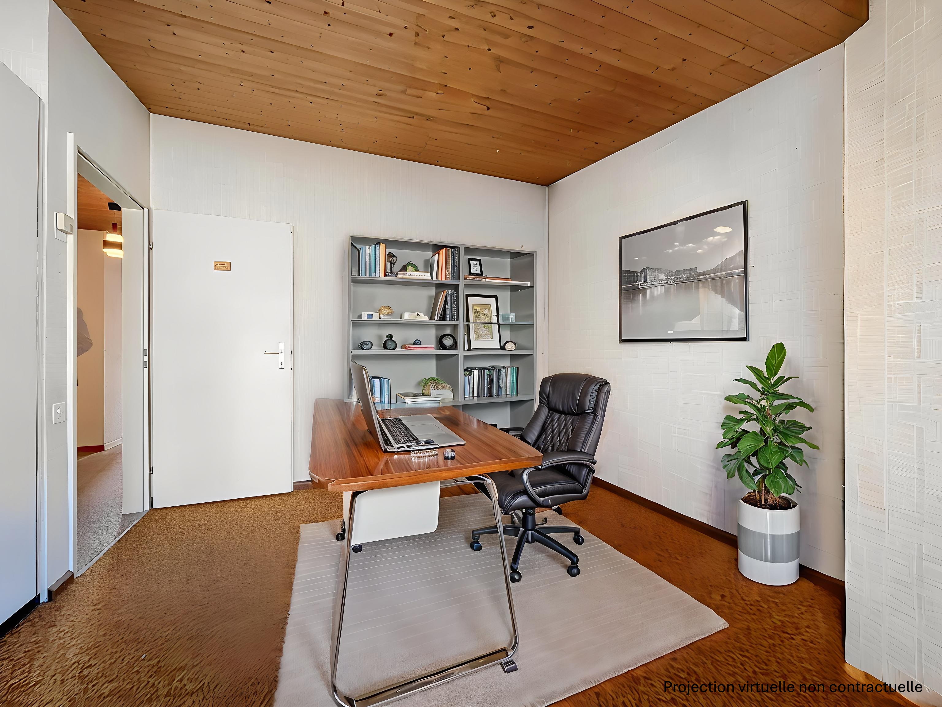 Modernes Homeoffice mit Holzdecke
