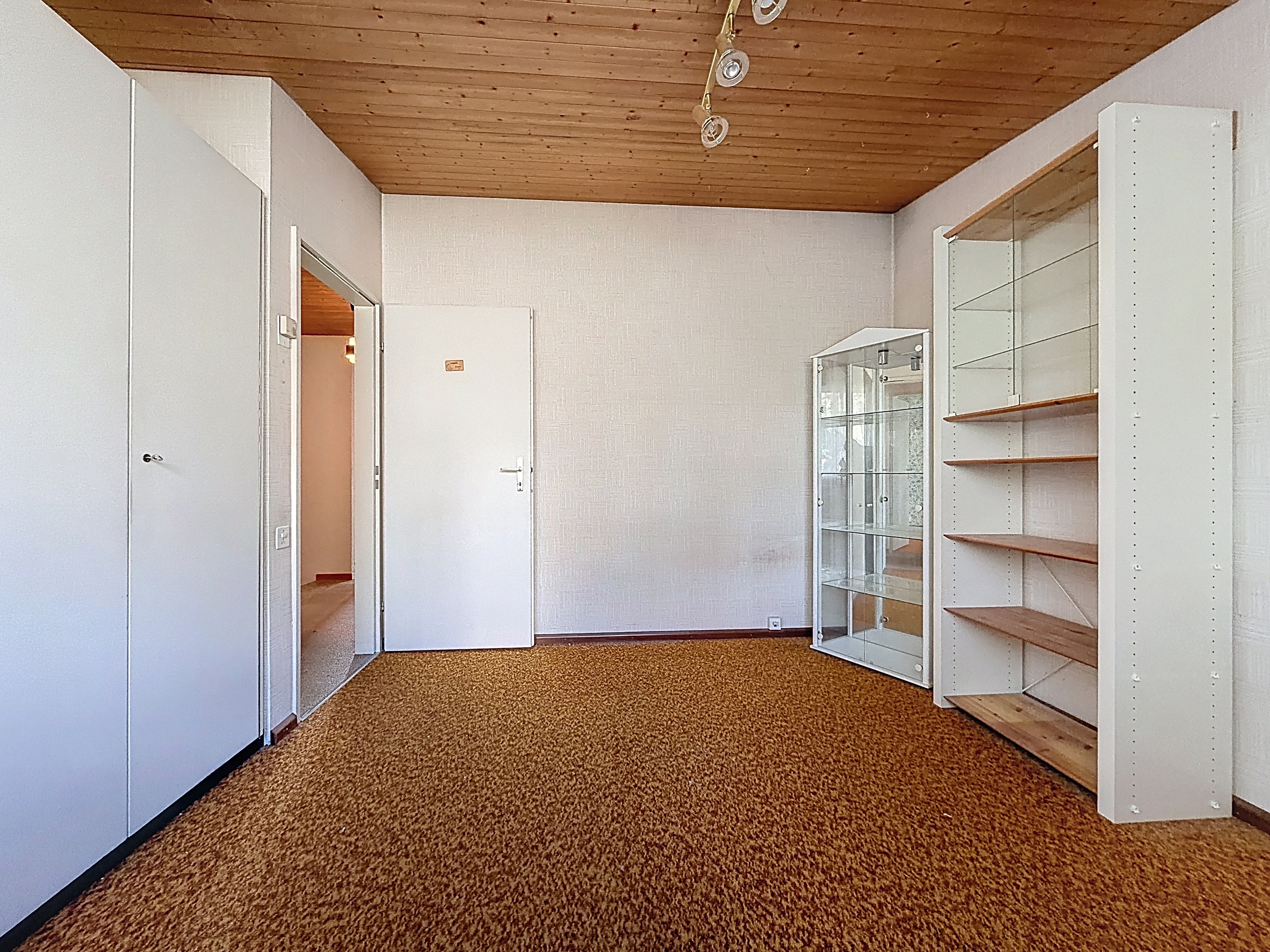 Innenraum mit Teppichboden und Holzdecke