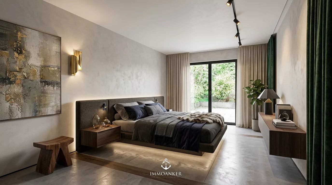 Modernes Schlafzimmer mit dunklen Möbeln
