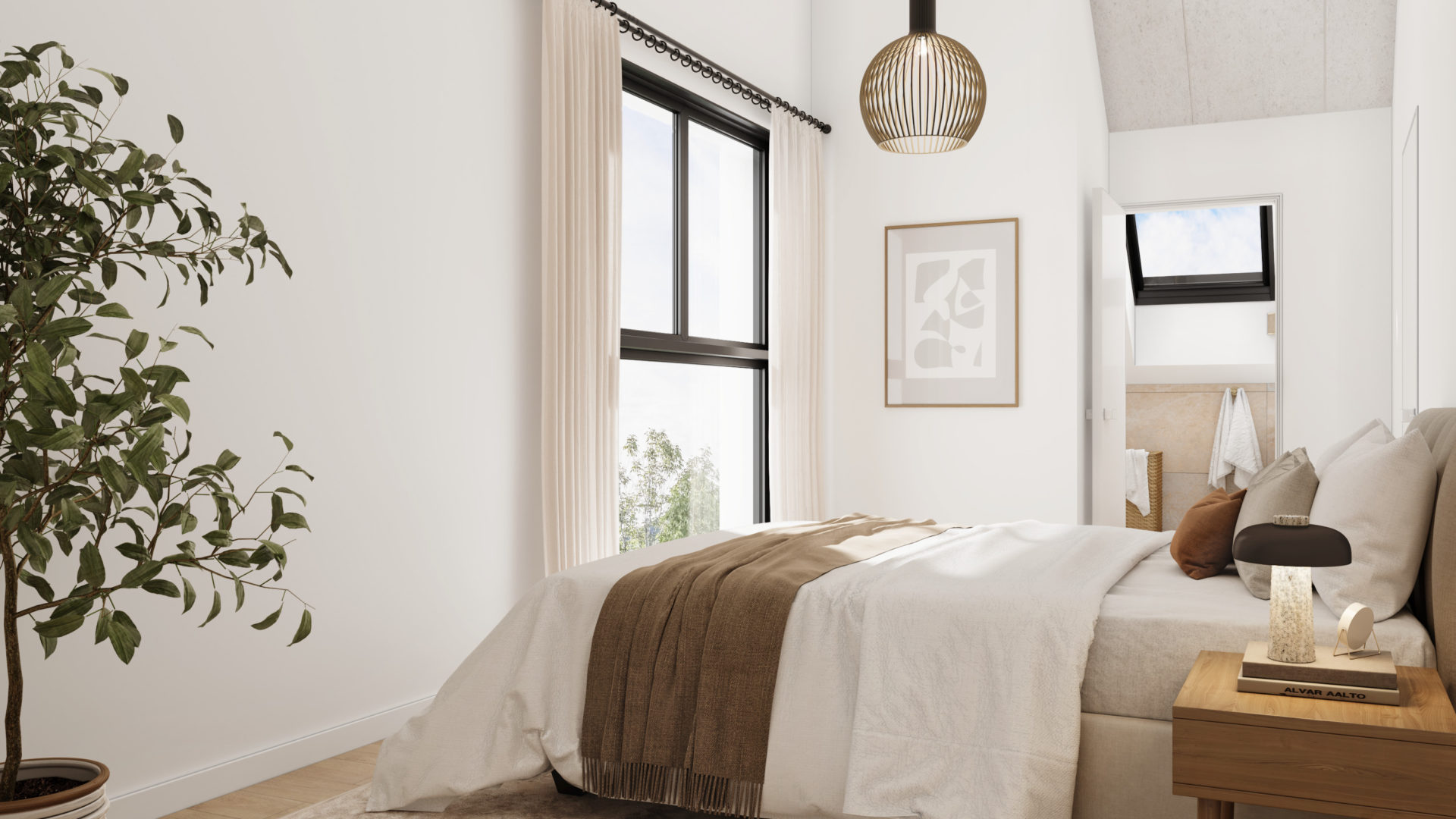 Helles, minimalistisches Schlafzimmer mit Dachschräge