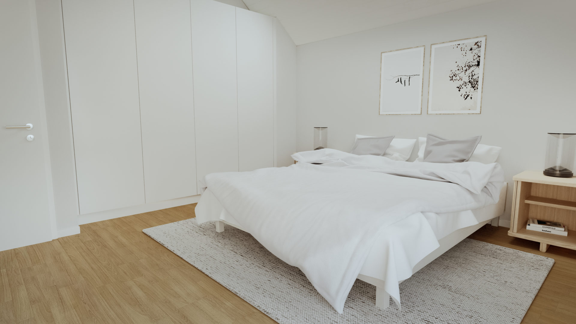 Minimalistisches Schlafzimmer in heller Naturholz-Optik