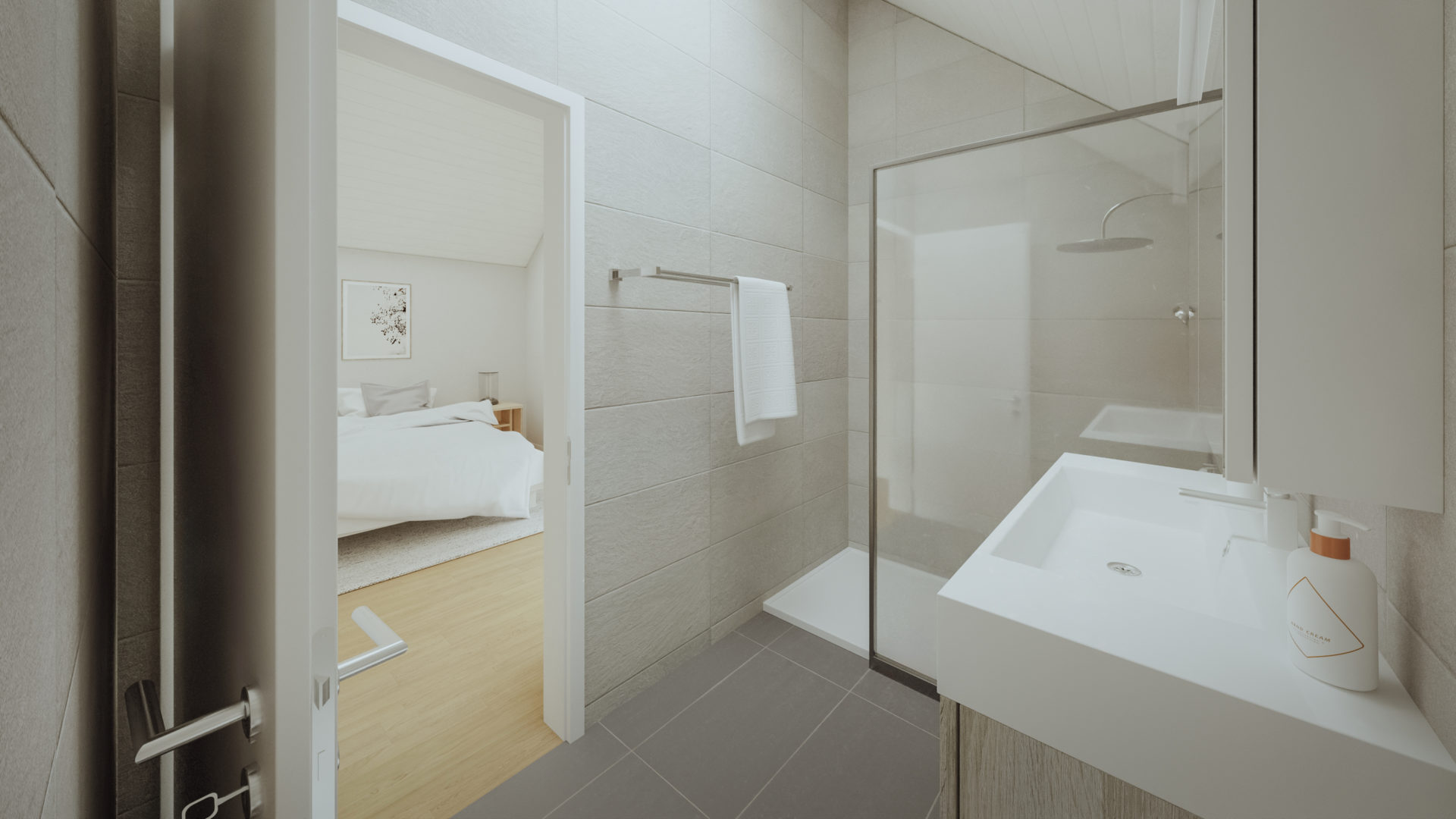Modernes Badezimmer mit Blick ins Schlafzimmer