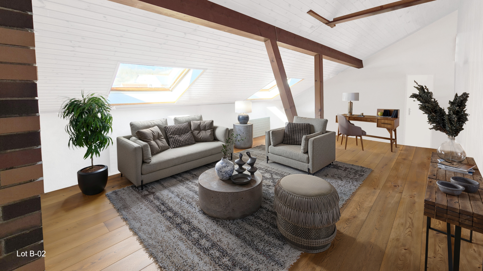 Dachgeschoss-Wohnzimmer mit Galerie und Dachfenstern