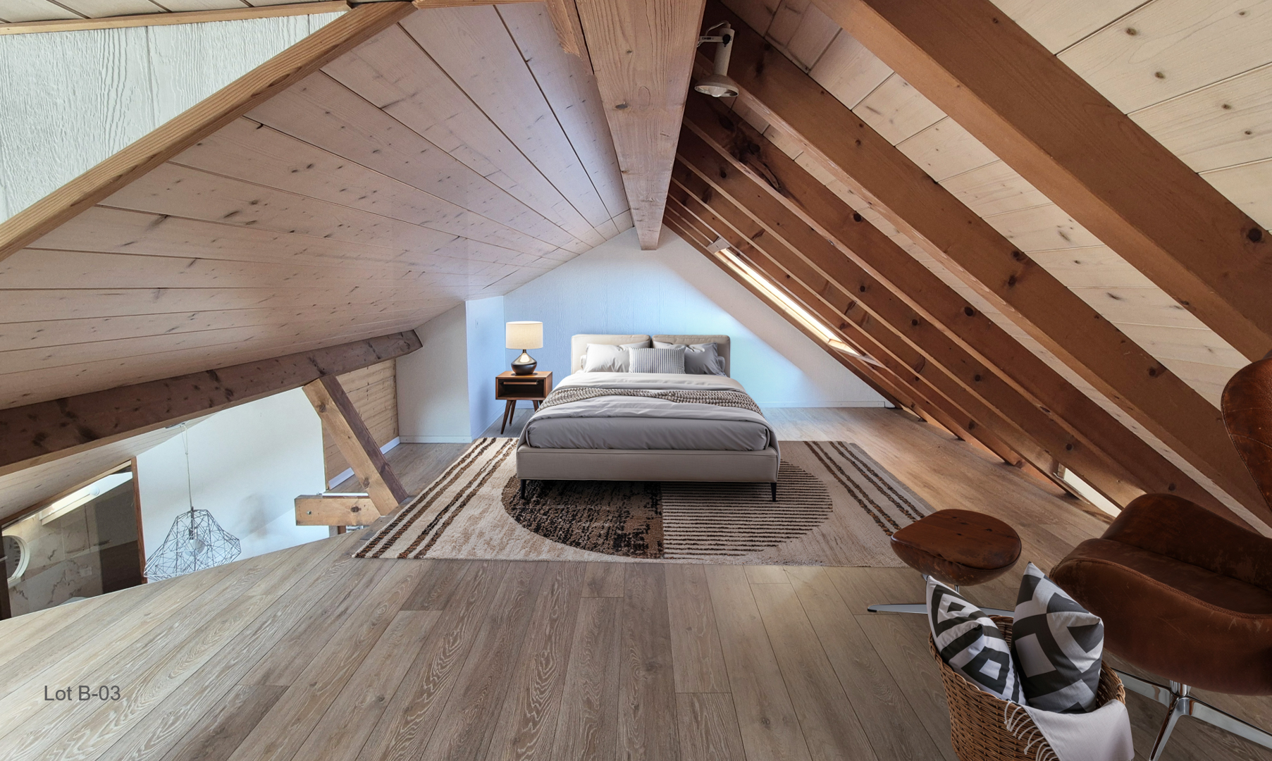 Dachgeschoss-Schlafzimmer mit sichtbaren Holzbalken