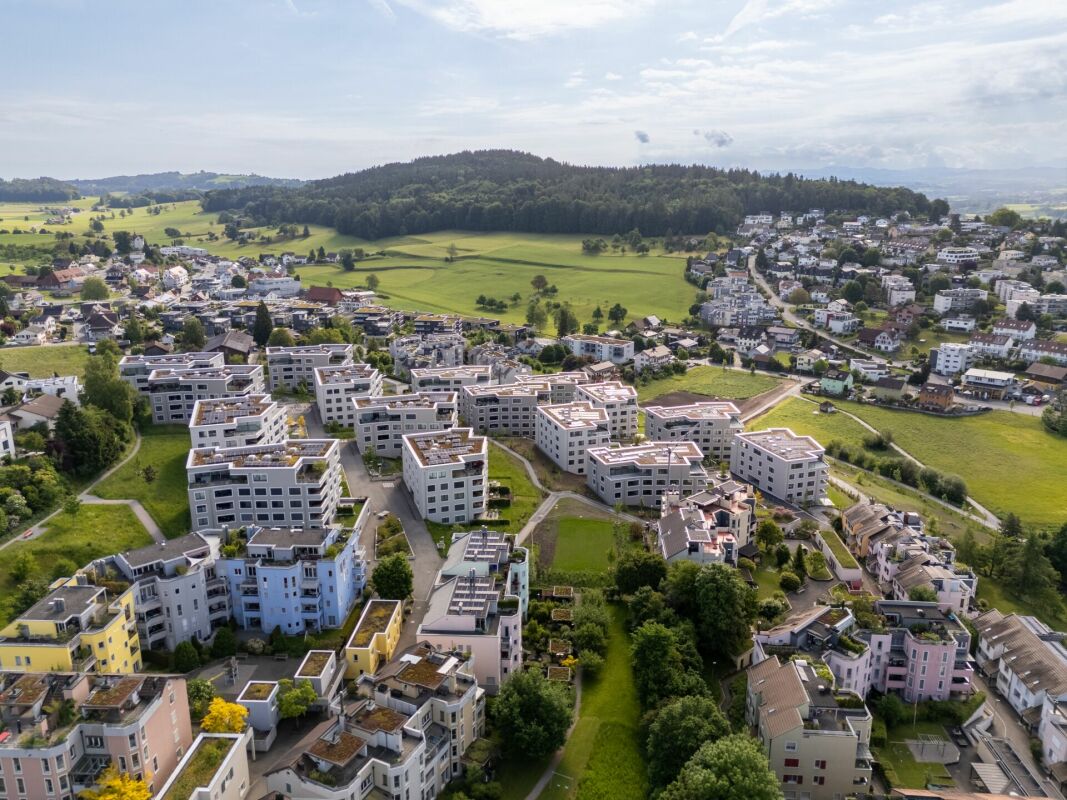 Luftaufnahme eines Wohnquartiers mit Grünflächen
