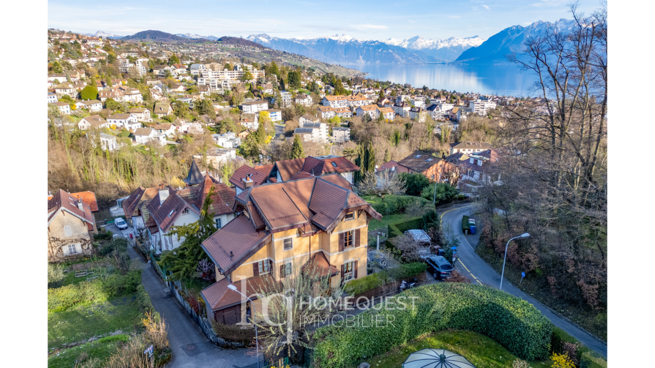Bergsee- und Stadtblick über ein Wohngebiet