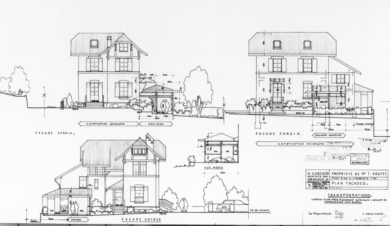 Architekturzeichnung mit Hausansichten und Fassadenplänen