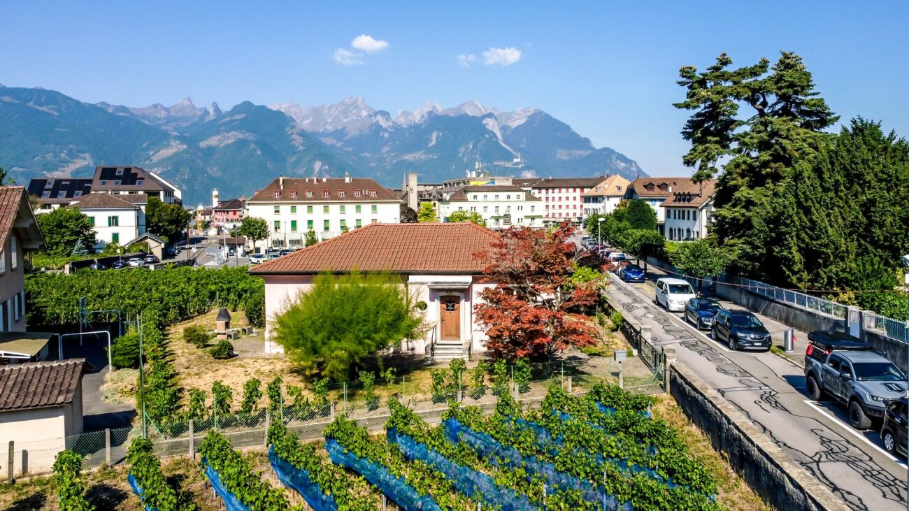 Städtische Aussicht mit Bergpanorama