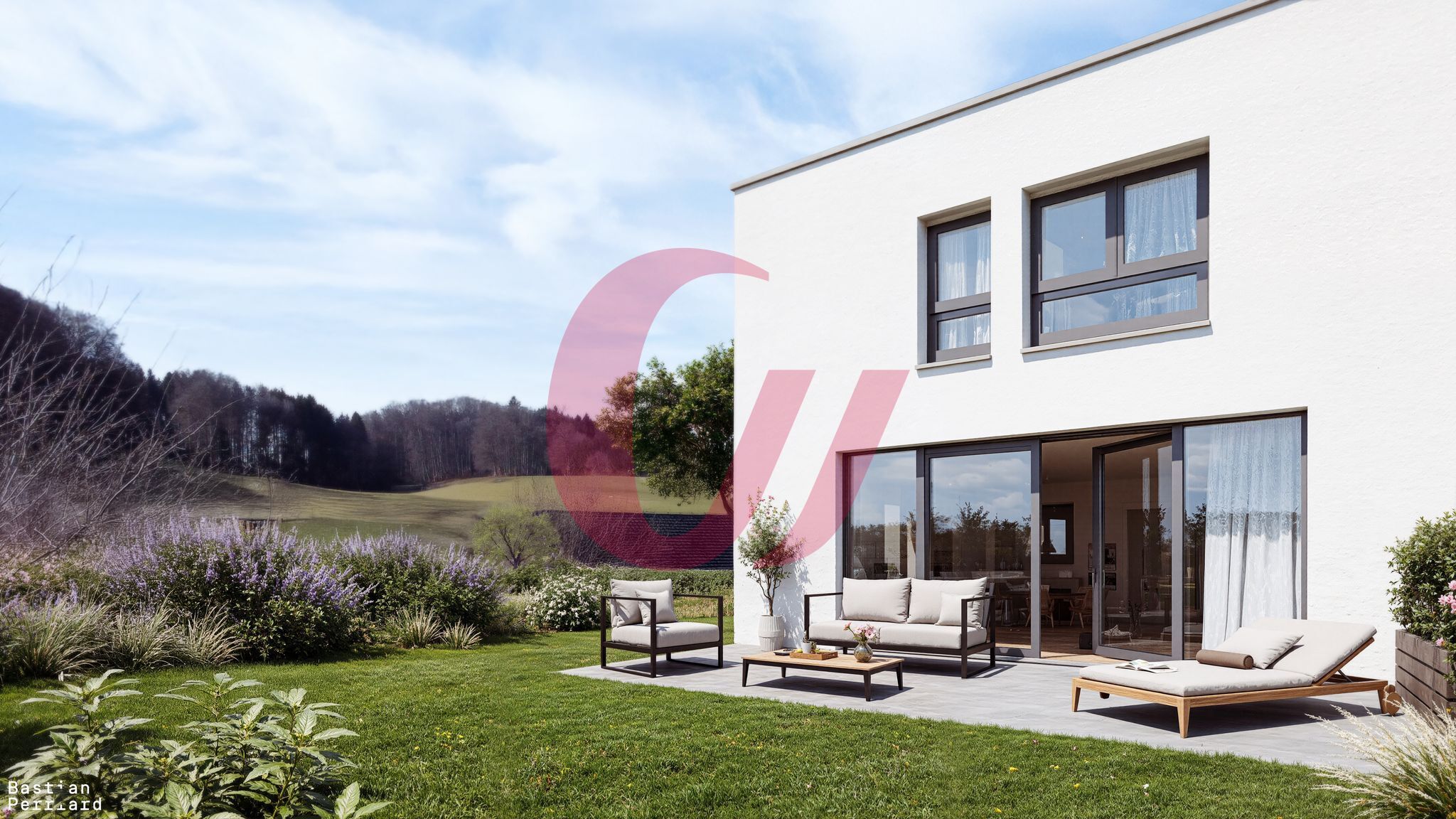 Modernes Haus mit Terrasse und Gartenblick