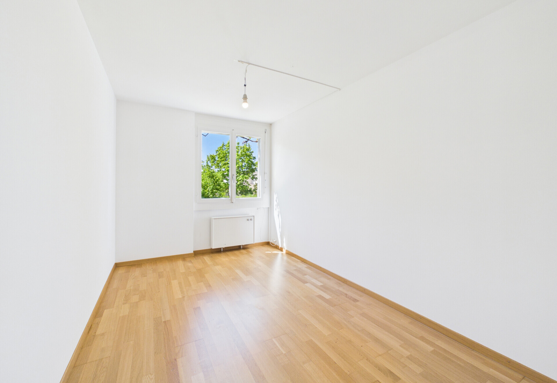 Leerer, heller Raum mit Holzfußboden und Fenster