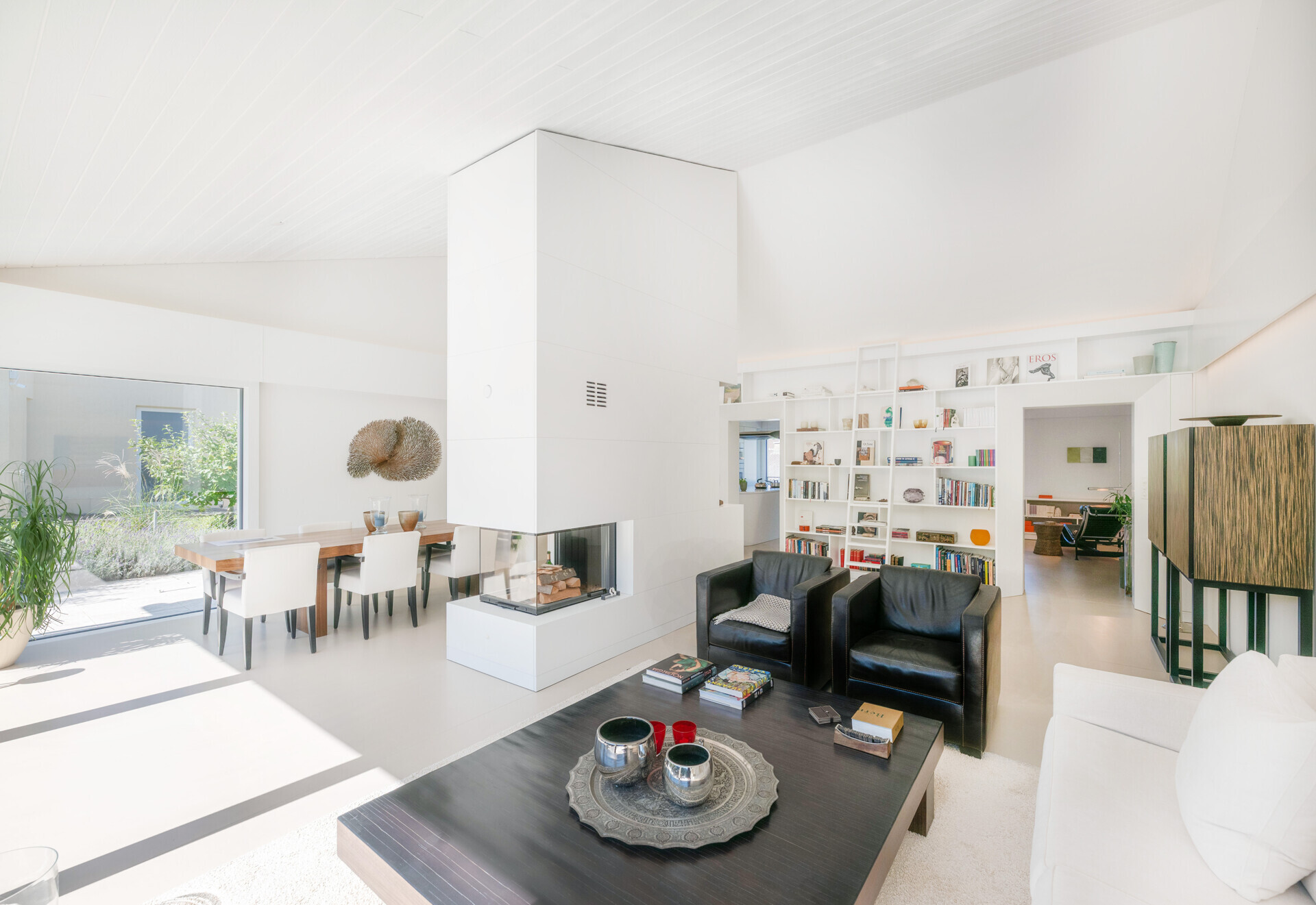 Heller Wohnraum mit Kamin und Bibliothekswand