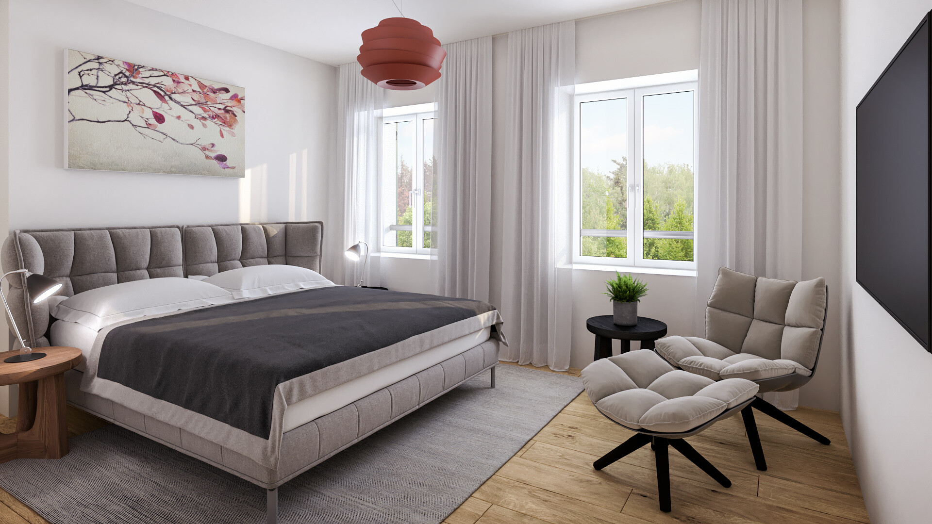 Modernes, helles Schlafzimmer mit großen Fenstern