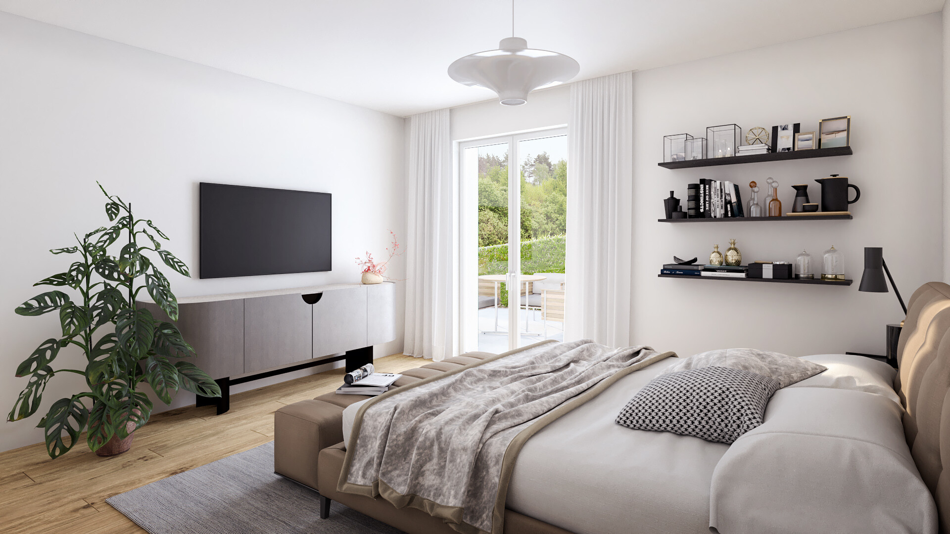 Helles, modernes Schlafzimmer mit Balkonzugang