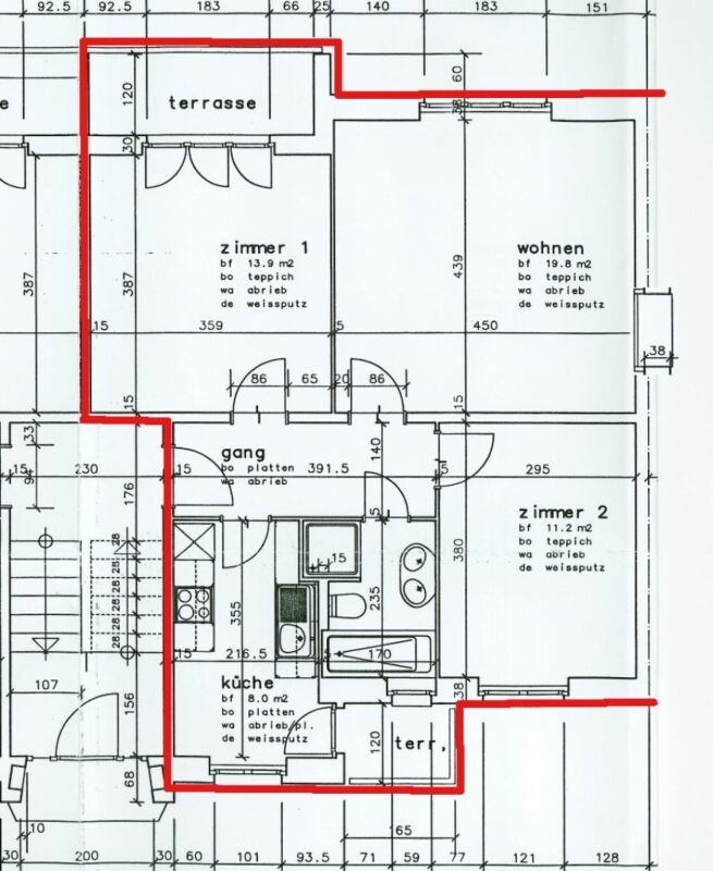Grundriss mit markierter Wohnungsfläche