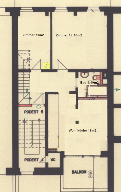 Grundriss mit Zimmern, Bad, Küche, WC und Balkon