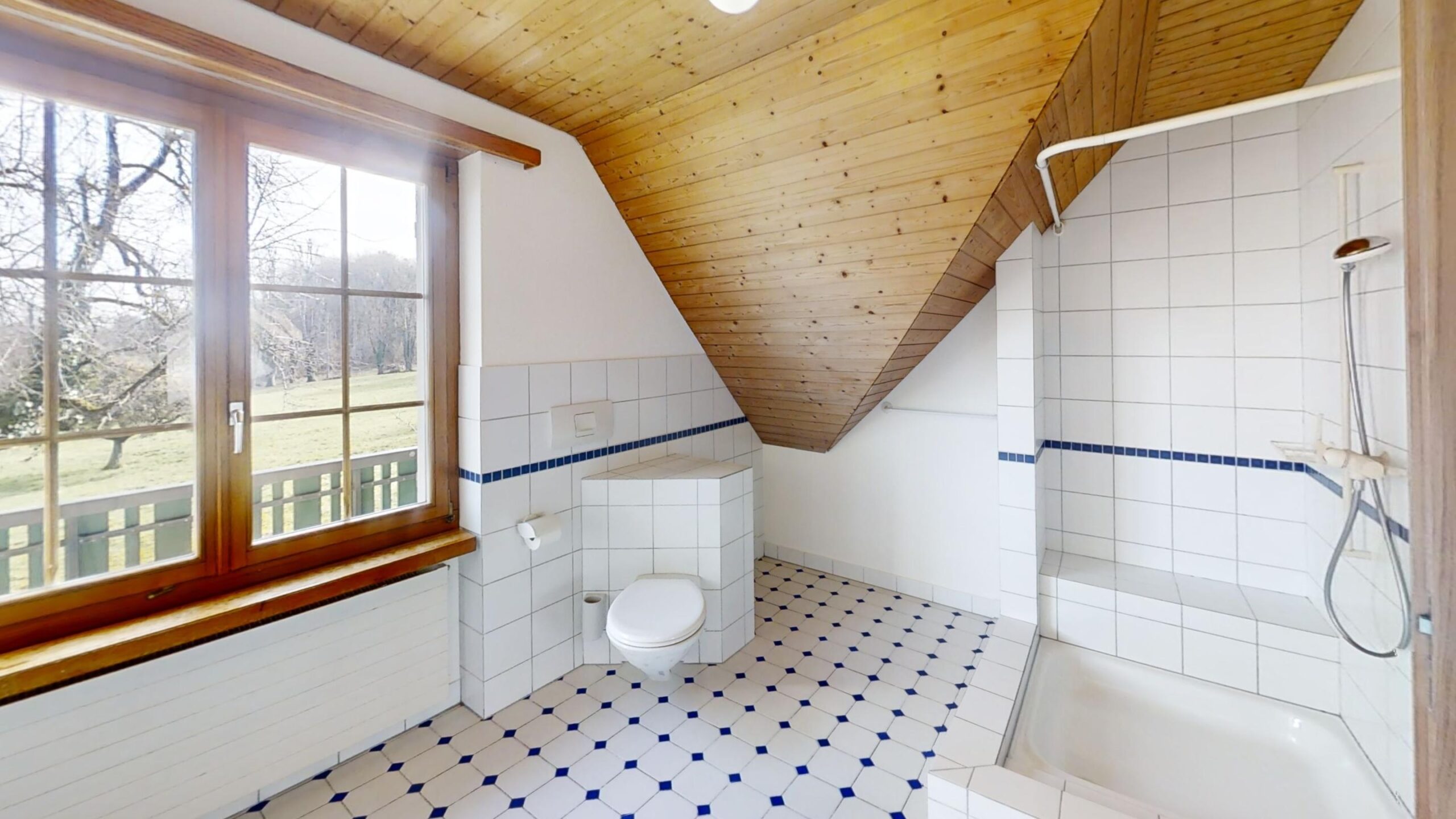 Badezimmer mit Dachschräge und Blick ins Grüne