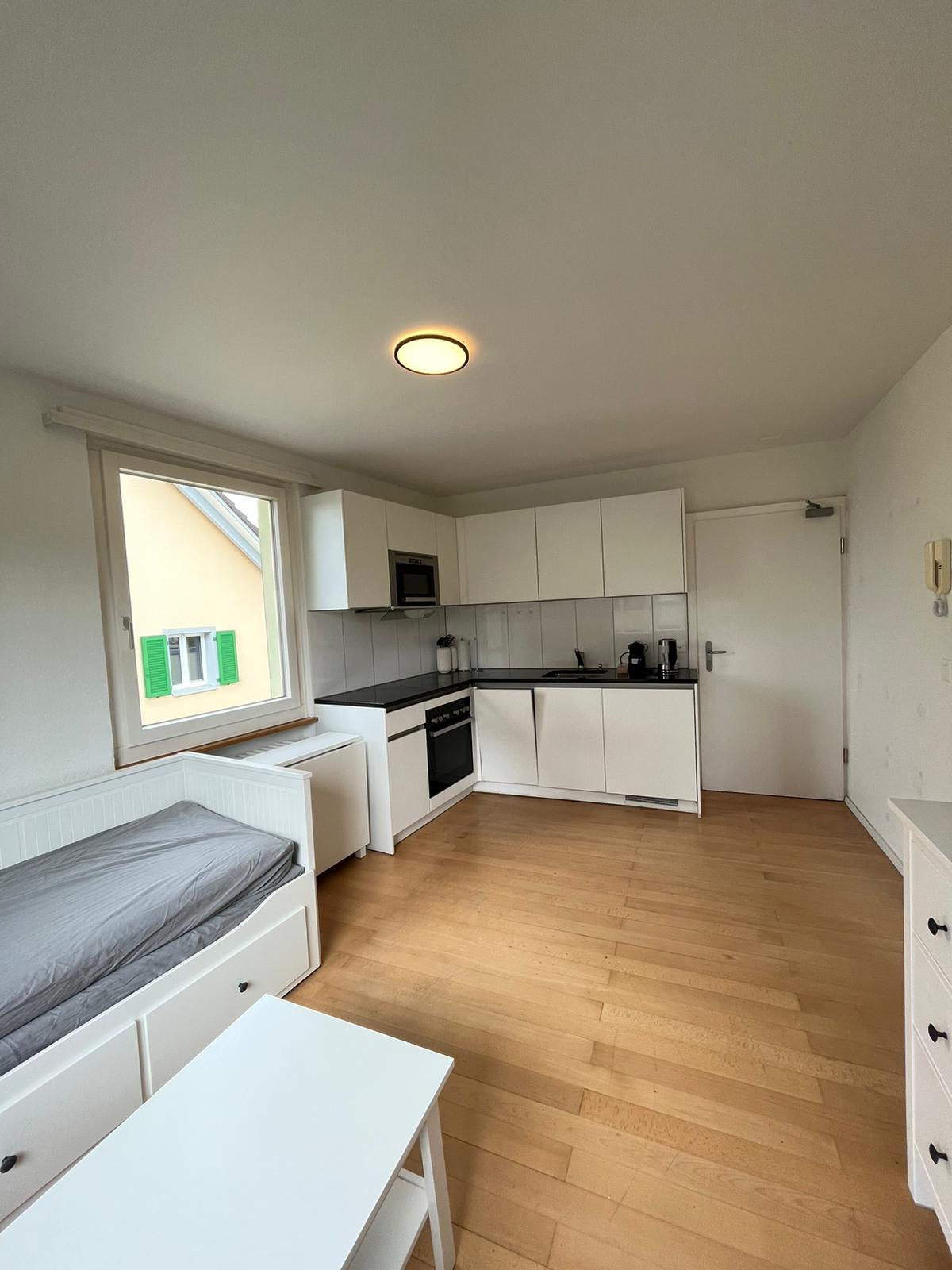 Kompaktes Wohn-Schlafzimmer mit Küchenzeile