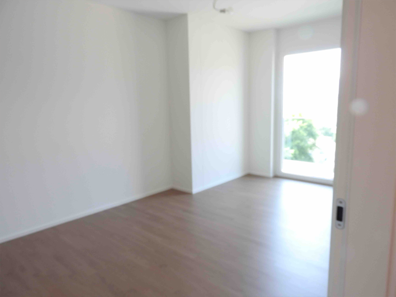 Helles, leeres Zimmer mit großem Fenster