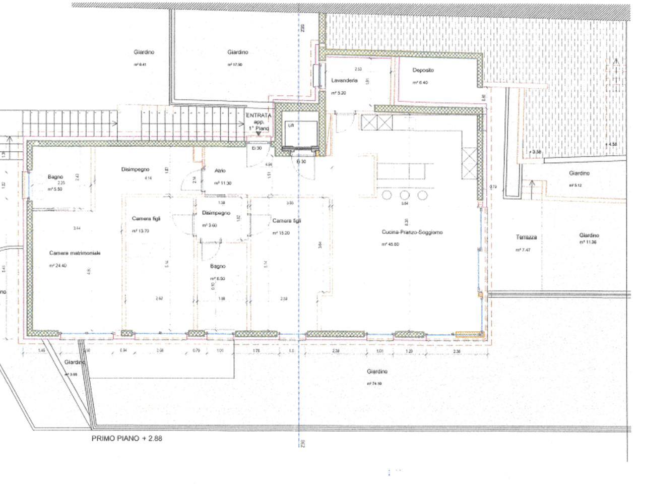 Grundriss eines Obergeschosses mit Garten- und Terrassenbereichen