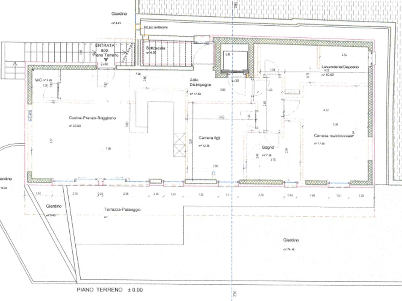 Grundriss eines Erdgeschosses mit Garten und Terrasse
