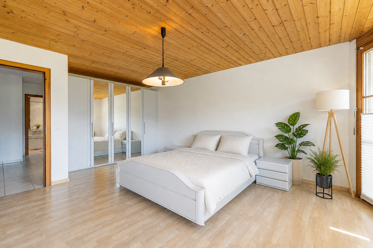 Helles Schlafzimmer mit Holzbalkendecke