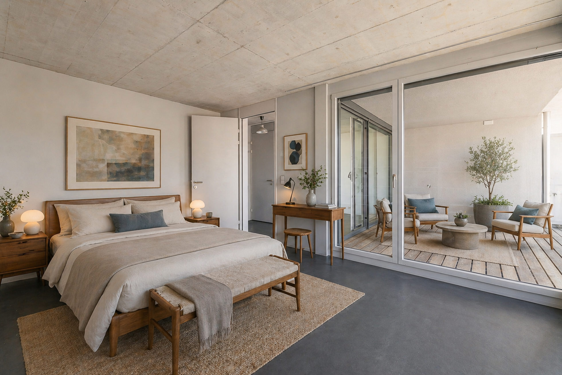 Helles Schlafzimmer mit Terrasse