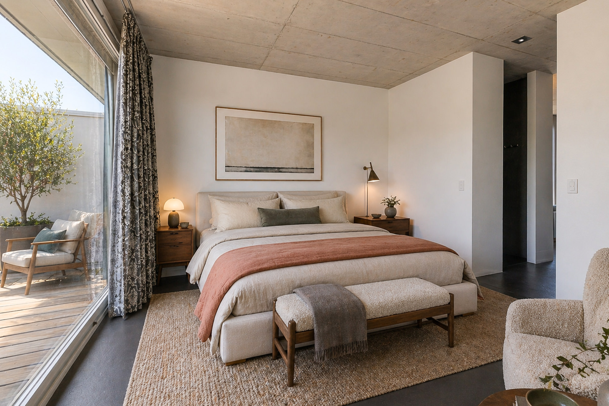 Helles Schlafzimmer mit Terrasse