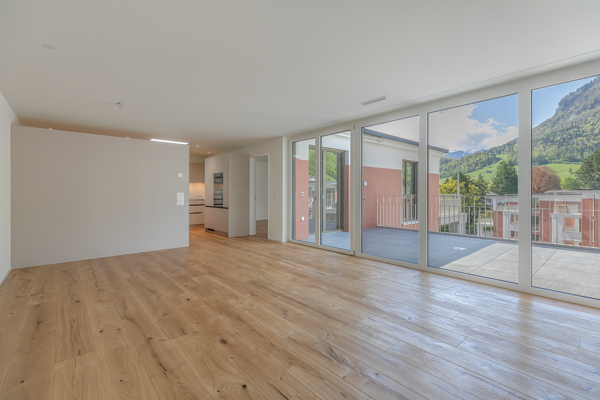 Großer leerer Wohnraum mit Alpenblick