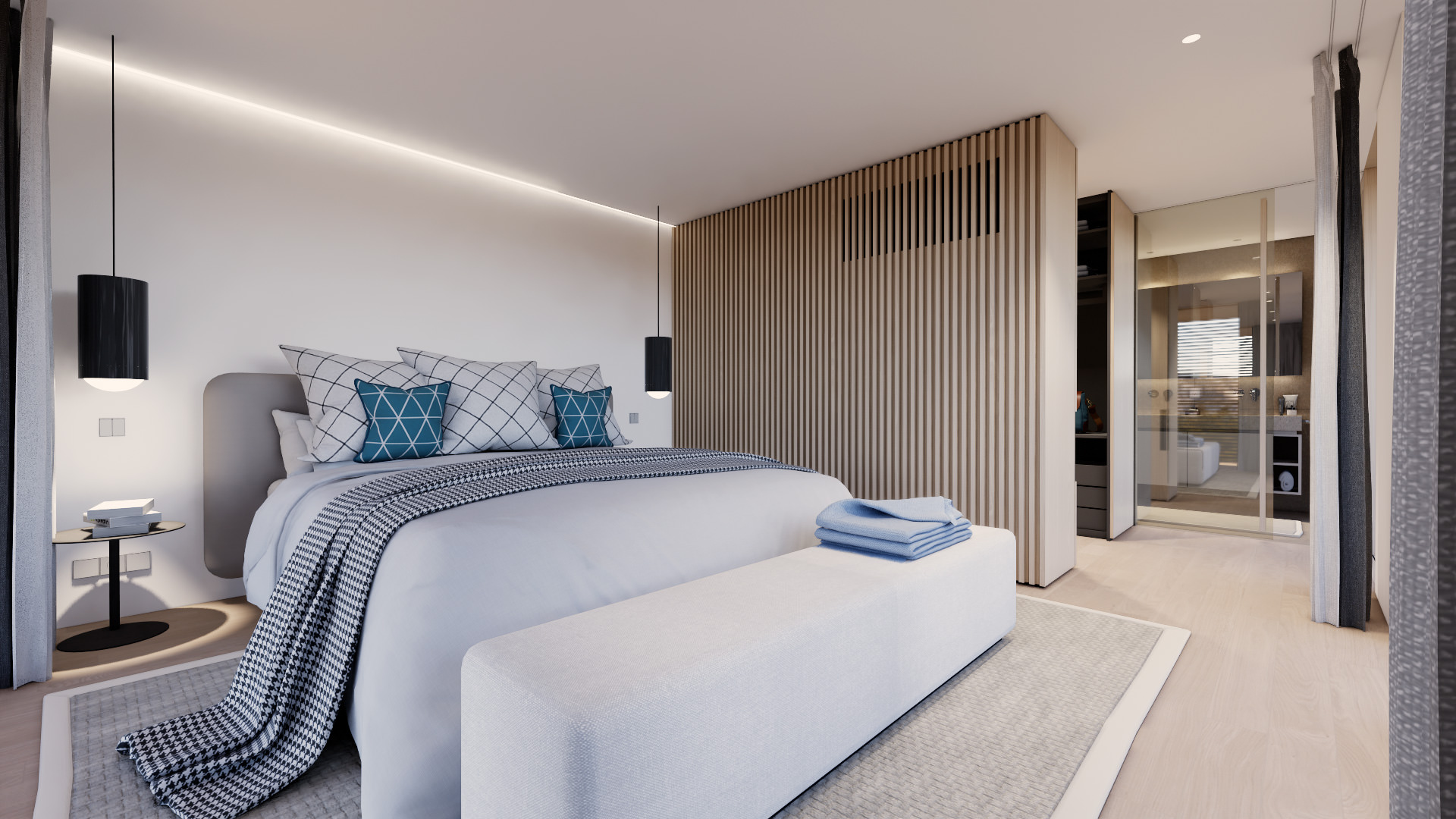 Modernes Schlafzimmer mit angrenzendem Bad