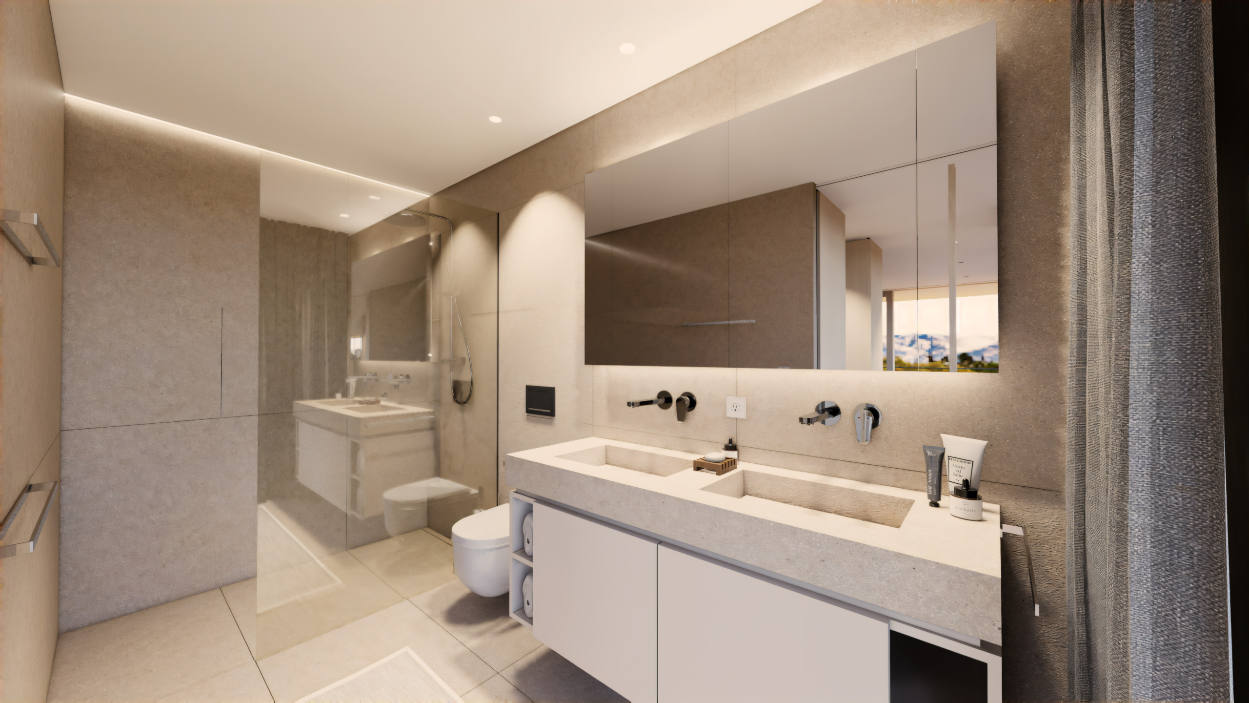 Modernes Badezimmer mit Doppelwaschbecken und Glasdusche