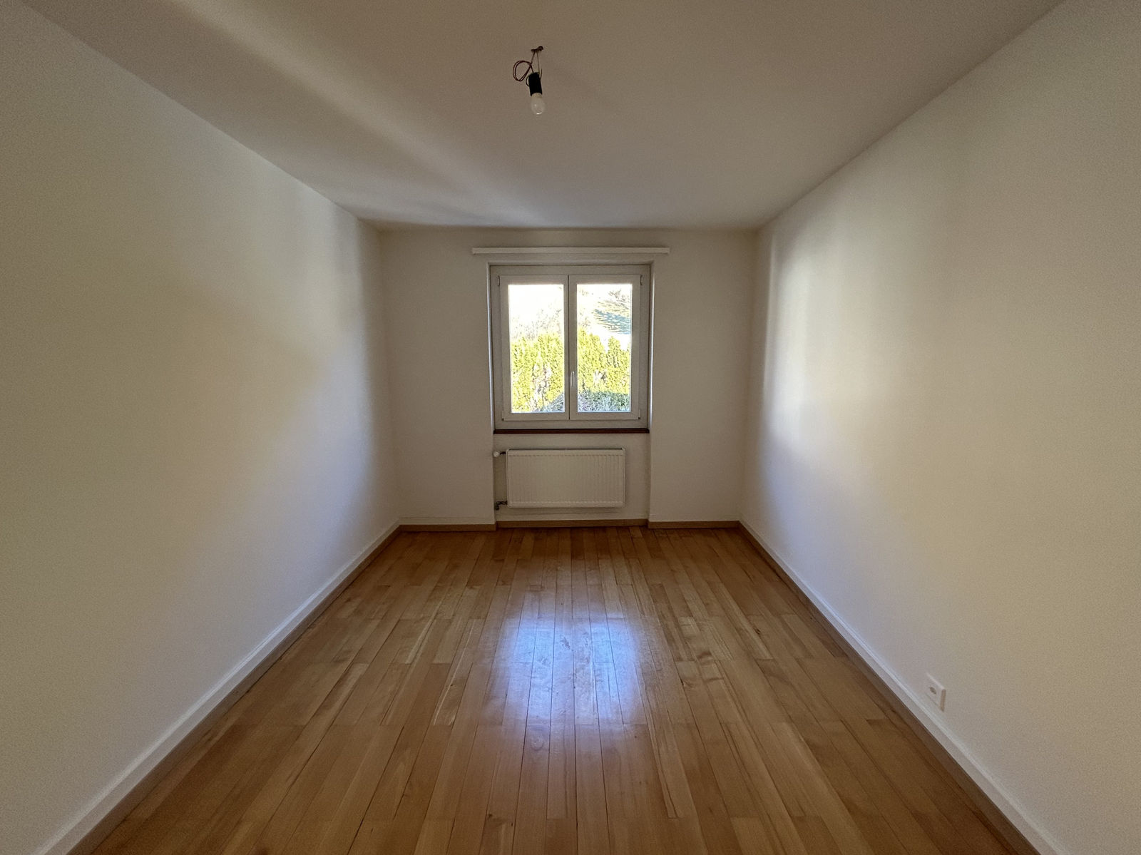 Leerer schmaler Raum mit Fenster und Parkett