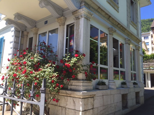 Historische Fassade mit Blumenbewuchs