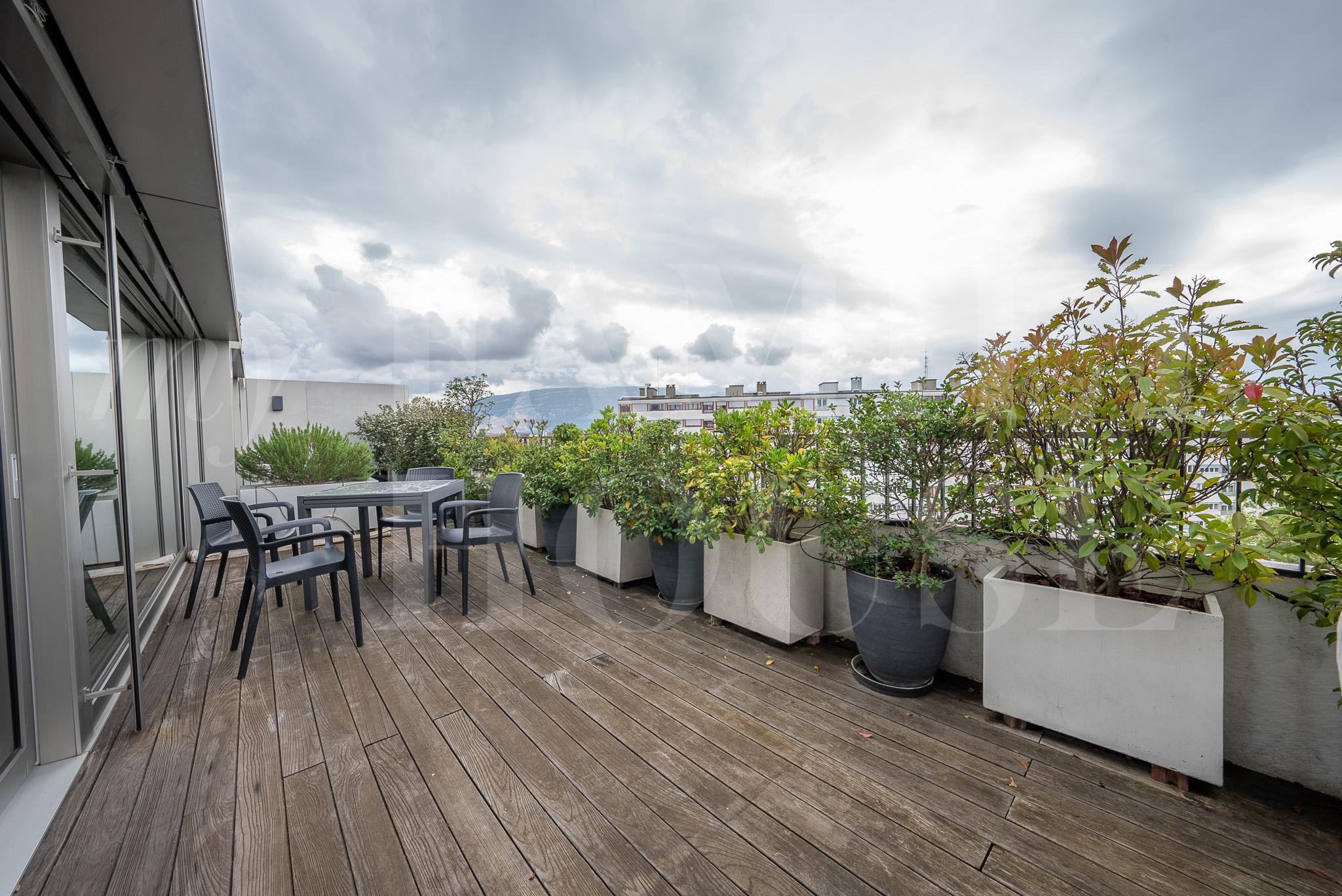 Große Dachterrasse mit Sitzgruppe und Pflanzkübeln