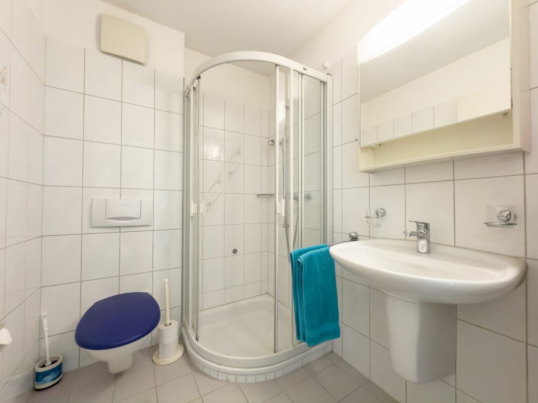 Kleines weiß gefliestes Badezimmer mit Dusche, Waschbecken und WC